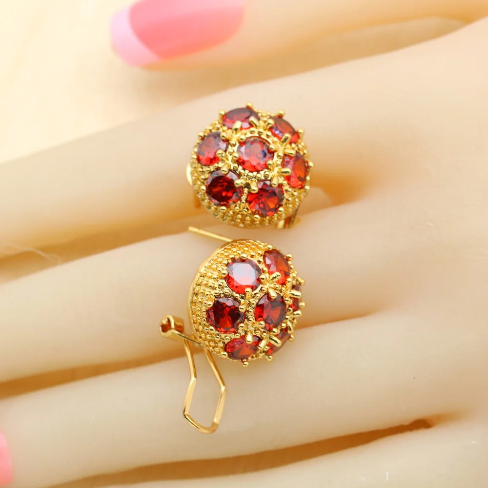 18K Gold Color Jewelry Sets For Women Red Zircon Bracelet Hoop Earrings Necklace Pendant Rings Free Gift Box