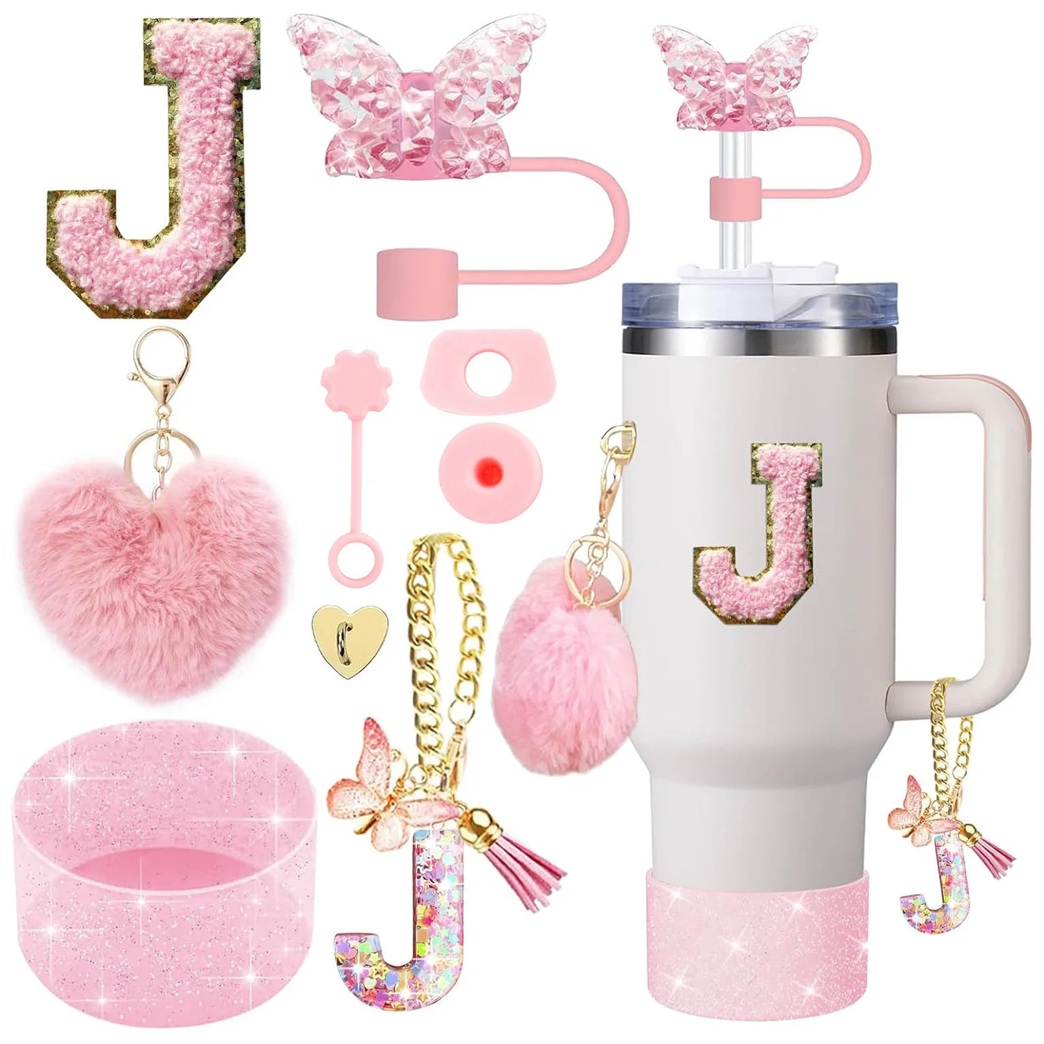 9PCS Cup Accessory Set for Stanley 30oz 40oz Butterfly Straw Cover Cap Silicone Boot Charm Initials Sticker Spill Proof Stopper