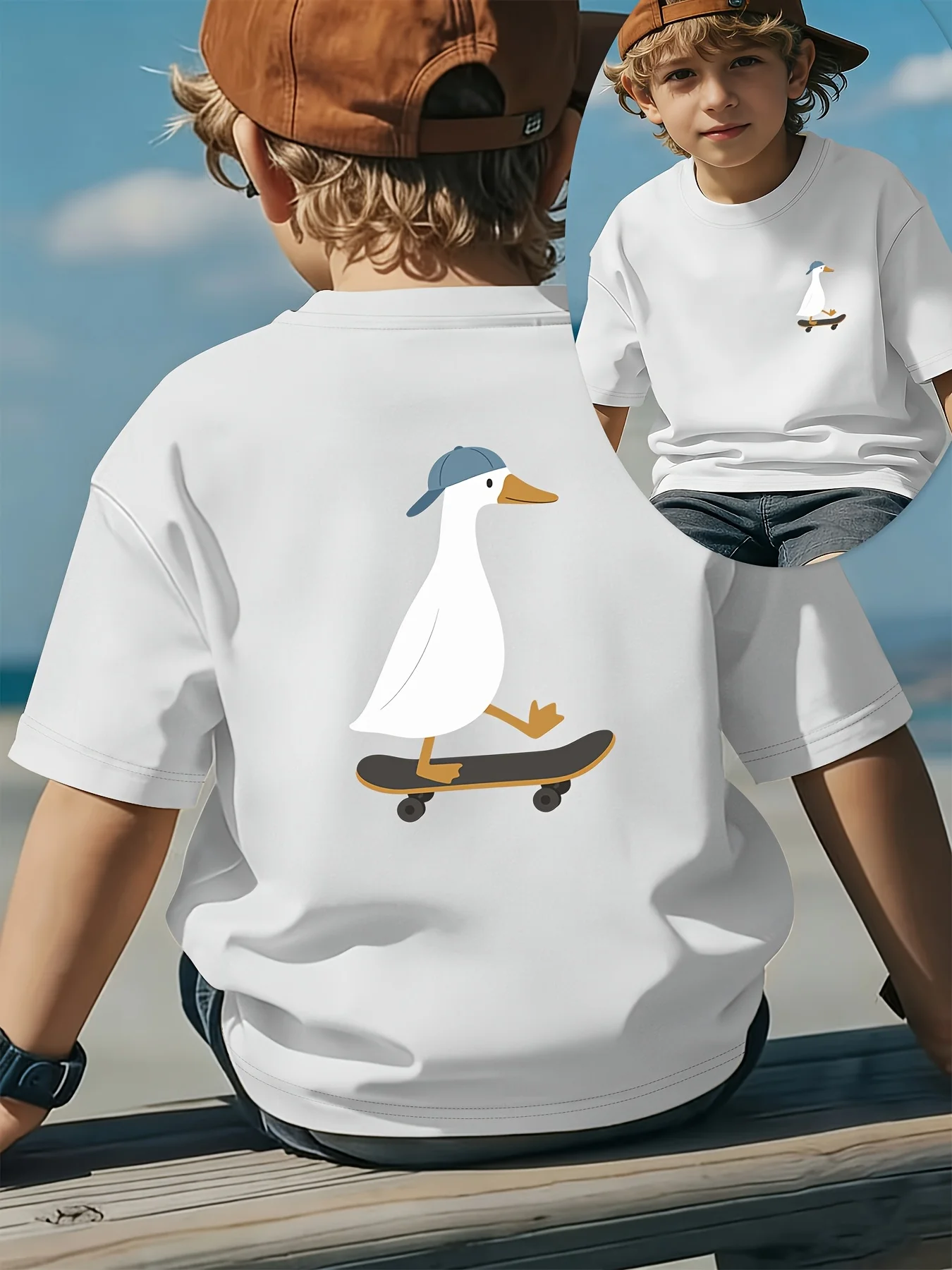 Ducks on Skateboards Are Funny, Cute, Fun Cartoon Patterns, Fashionable Children's T-shirts, Parent-child Tops