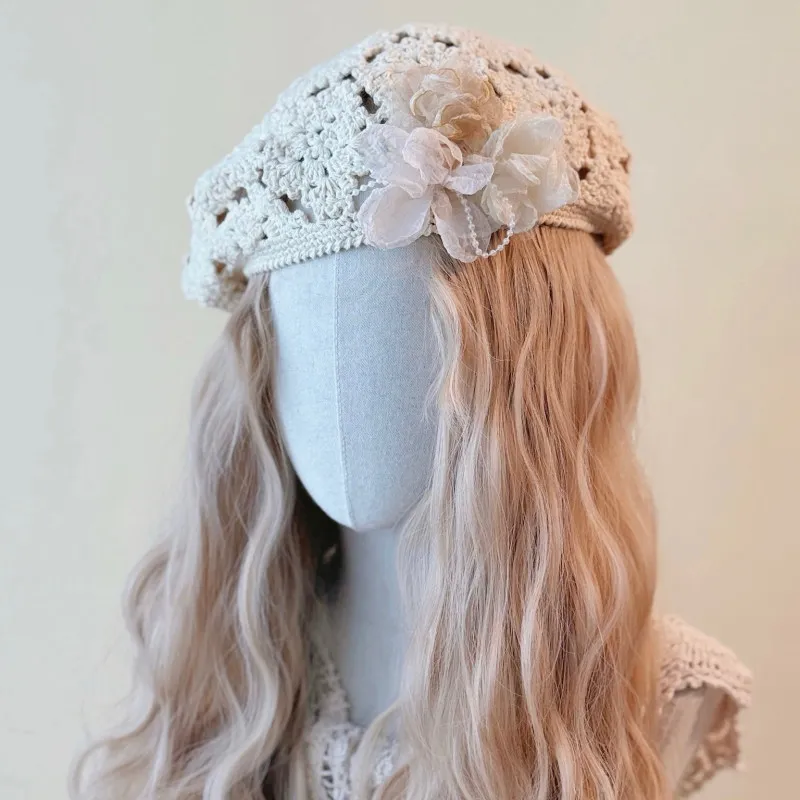 Original Handmade Silk Flower Lace Crochet Beret Ethnic Style Bohemian Wandering Style Retro Beige Hat for Women