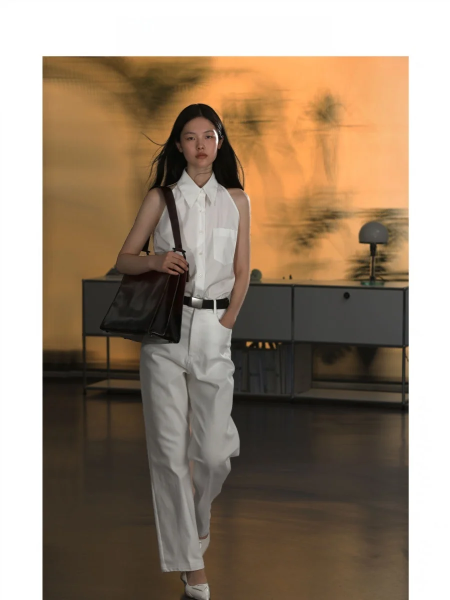 White Svel Ne Hanging irt صيف 2024 تصميم قاعدة الطبقة العلوية الكورية Sle فضفاضة تناسب زر التفاصيل مزيج البوليستر