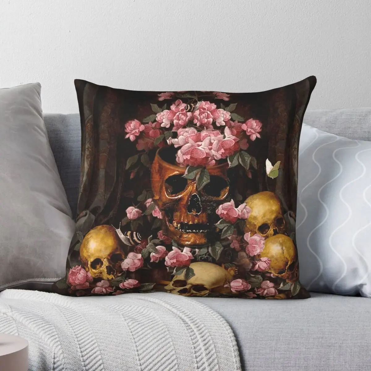 Midnight Skull Flower Surreal Pillowcase Polyester Linen Velvet Creative Zip Decor Home Cushion Cover Wholesale