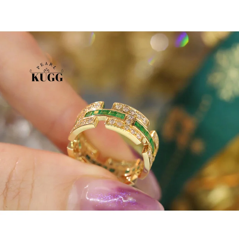 KUGG 100% 18K Yellow Gold Rings Fashion Shiny Design Luxury Diamond Jewelry Natural Emerald Ring for Women High Wedding Party