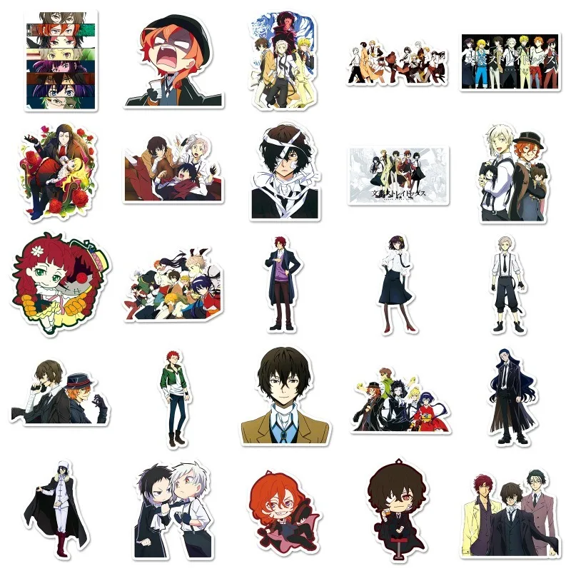 Autocollants décoratifs Bungo Stray Dogs Anime, 50 pièces, pour valise, tasse à eau, téléphone portable, voiture, scooter, ordinateur portable