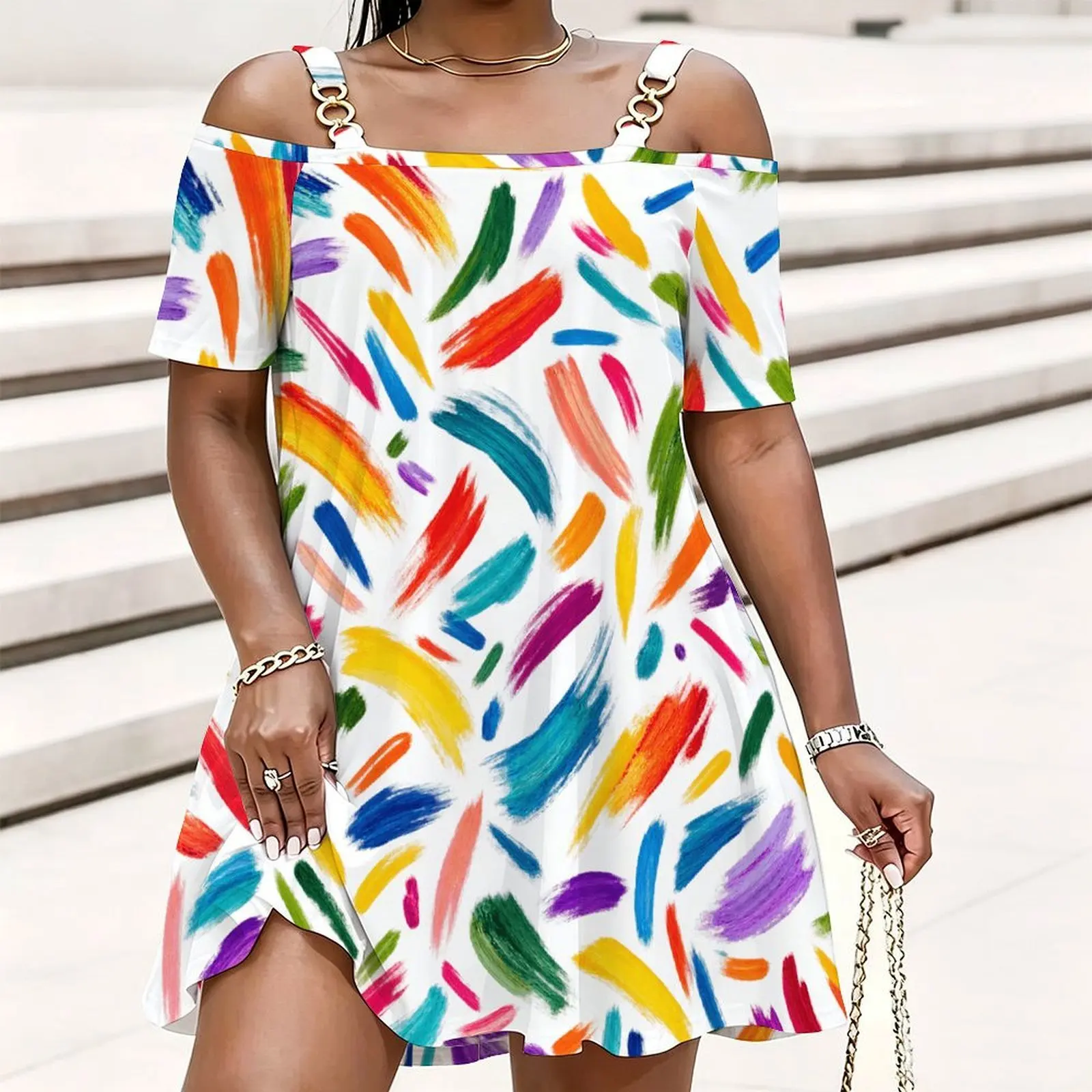 Women Multicolor Brush Stroke Print Cold Shoulder Chain Strap Short Sleeve Loose Top