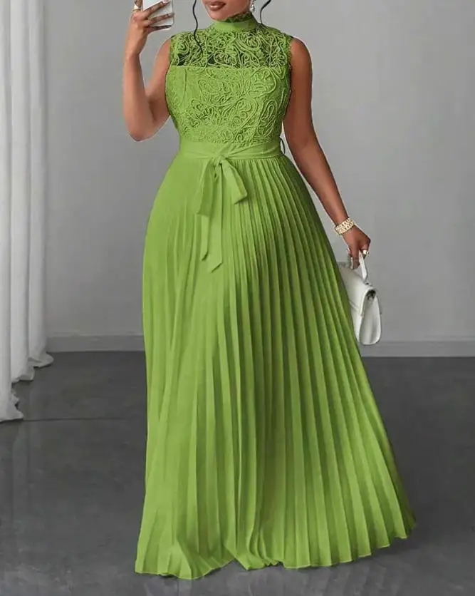 

Mock Neck Sleeveless High Waist Pleated Maxi Dress Elegant Lace & Braided Spliced Zipper Back Evening Dress with Belt