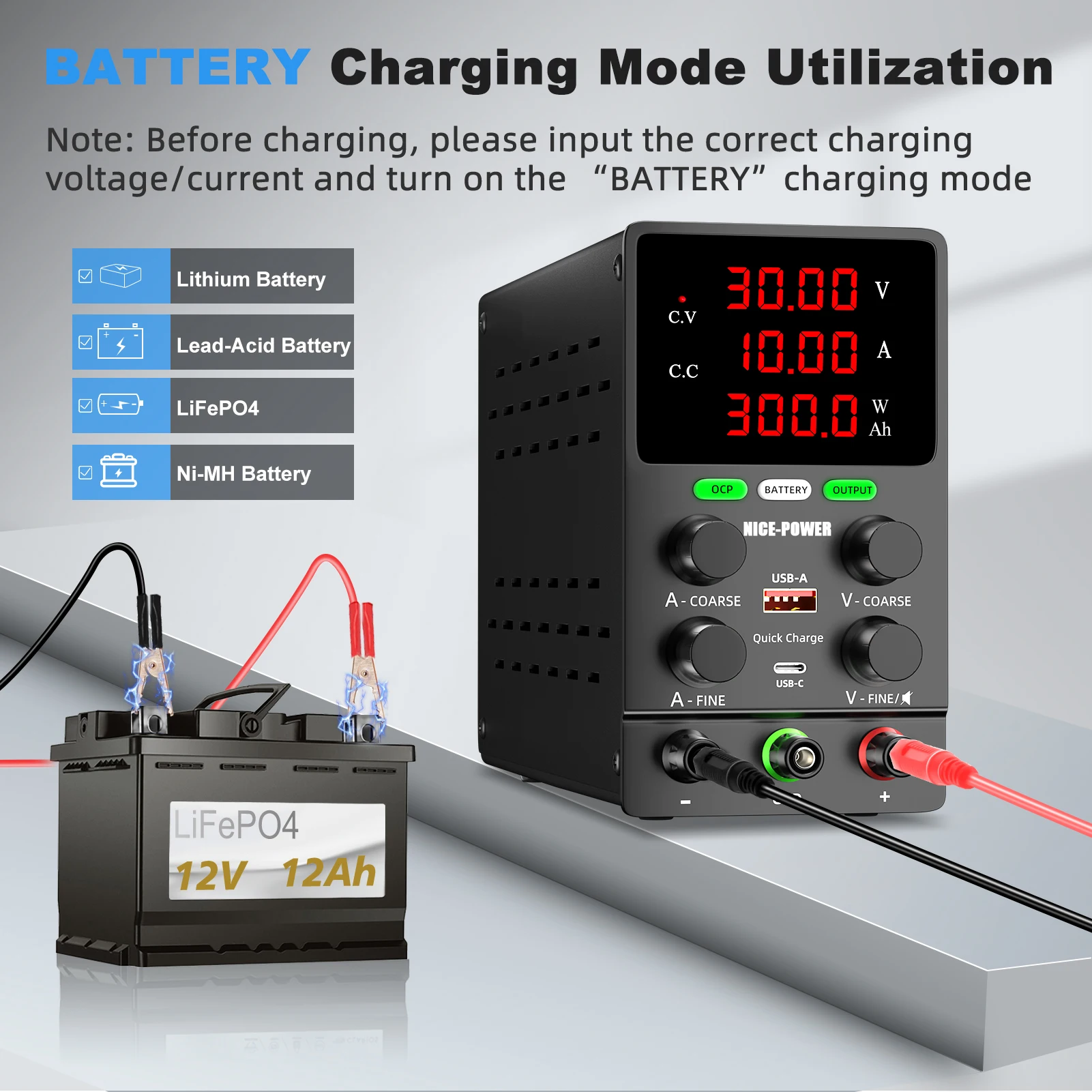 NICE-POWER Bench Lab DC Power Supply Adjustable 30V 60V Laboratory OCP OUTPUT 10A Charging of Lithium Iron Phosphate Batteries