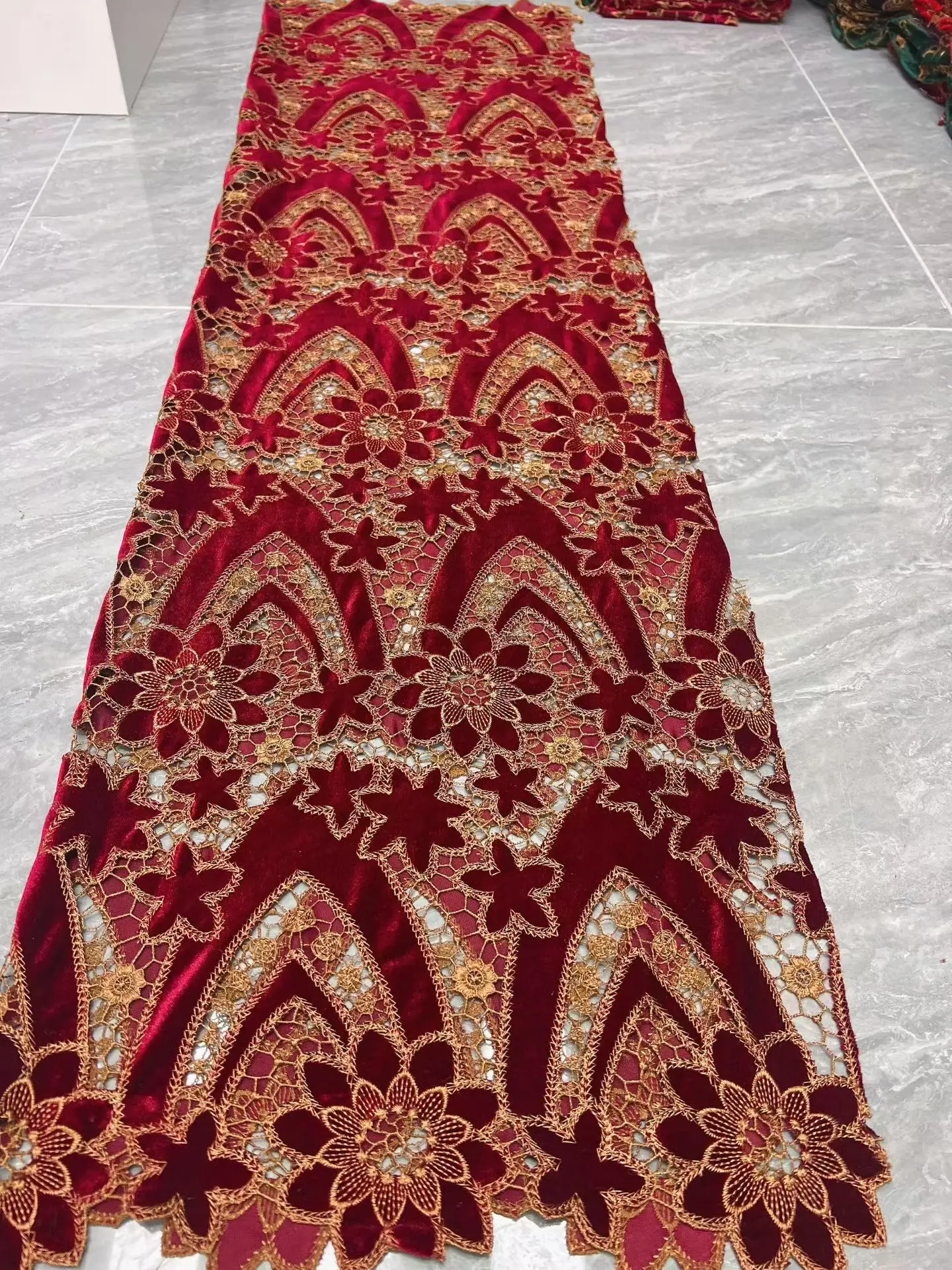 

Women's Bright Red Velvet Fabric Laser Embroidered Geometry Floral Pattern African Lace for DIY Wedding Dresses Sewing by Yards