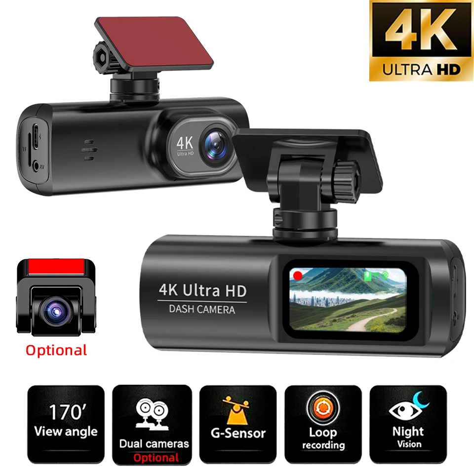 كاميرا داش 4K صندوق أسود أمامي اختياري 1080P كاميرا خلفية تدعم WlFi تطبيق الهاتف المحمول التحكم WDR للرؤية الليلية 24H مراقبة مواقف السيارات