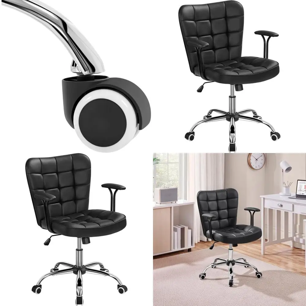 

Black Leather Adjustable Office Chair with Padded Armrests for Home and Work