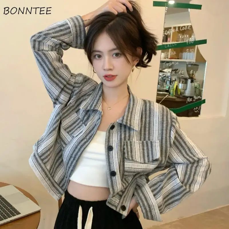 

Casual Shirts Women Striped Long-sleeve Crop Tops Autumn Outwear All-match Harajuku Vintage Loose Stylish Feminine Mature New