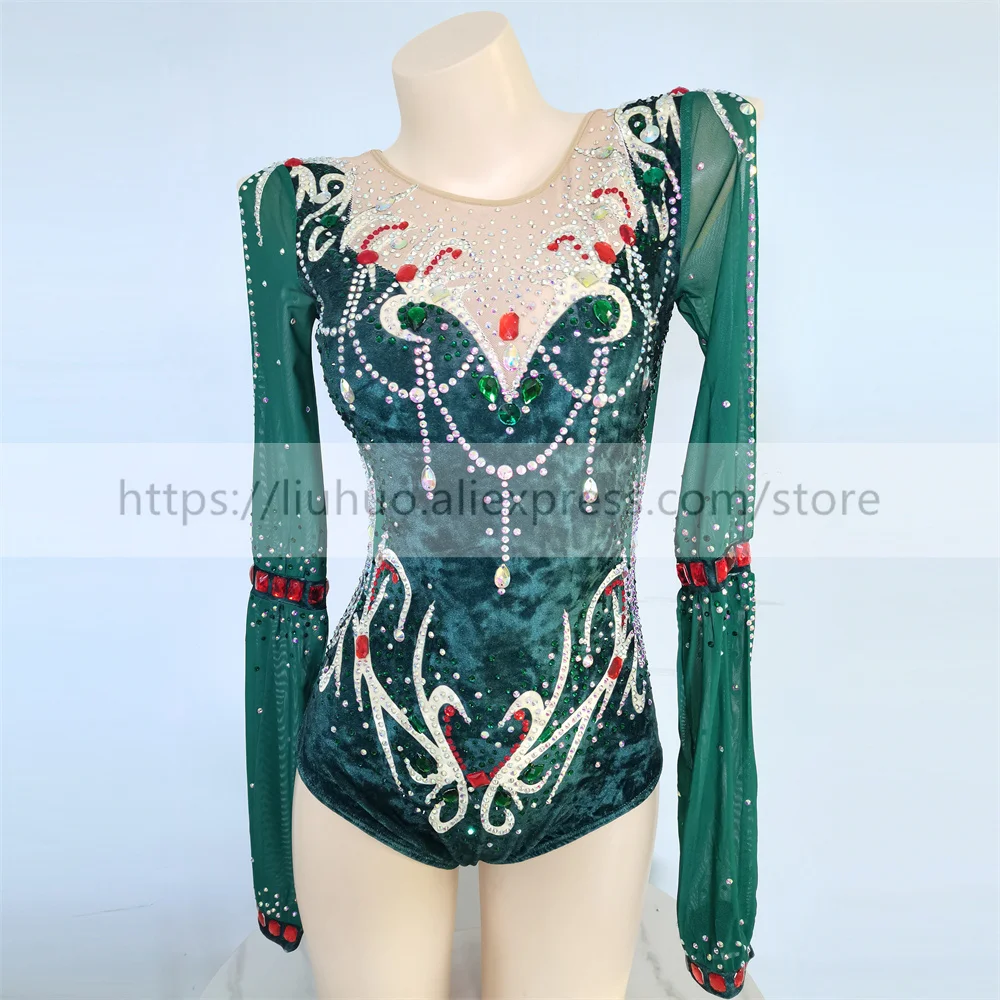 LIUHUO Customize Women Adult Girl Costume Performance Rhythmic Gymnastics Leotards Competition Skating Dress Green Teens Dance