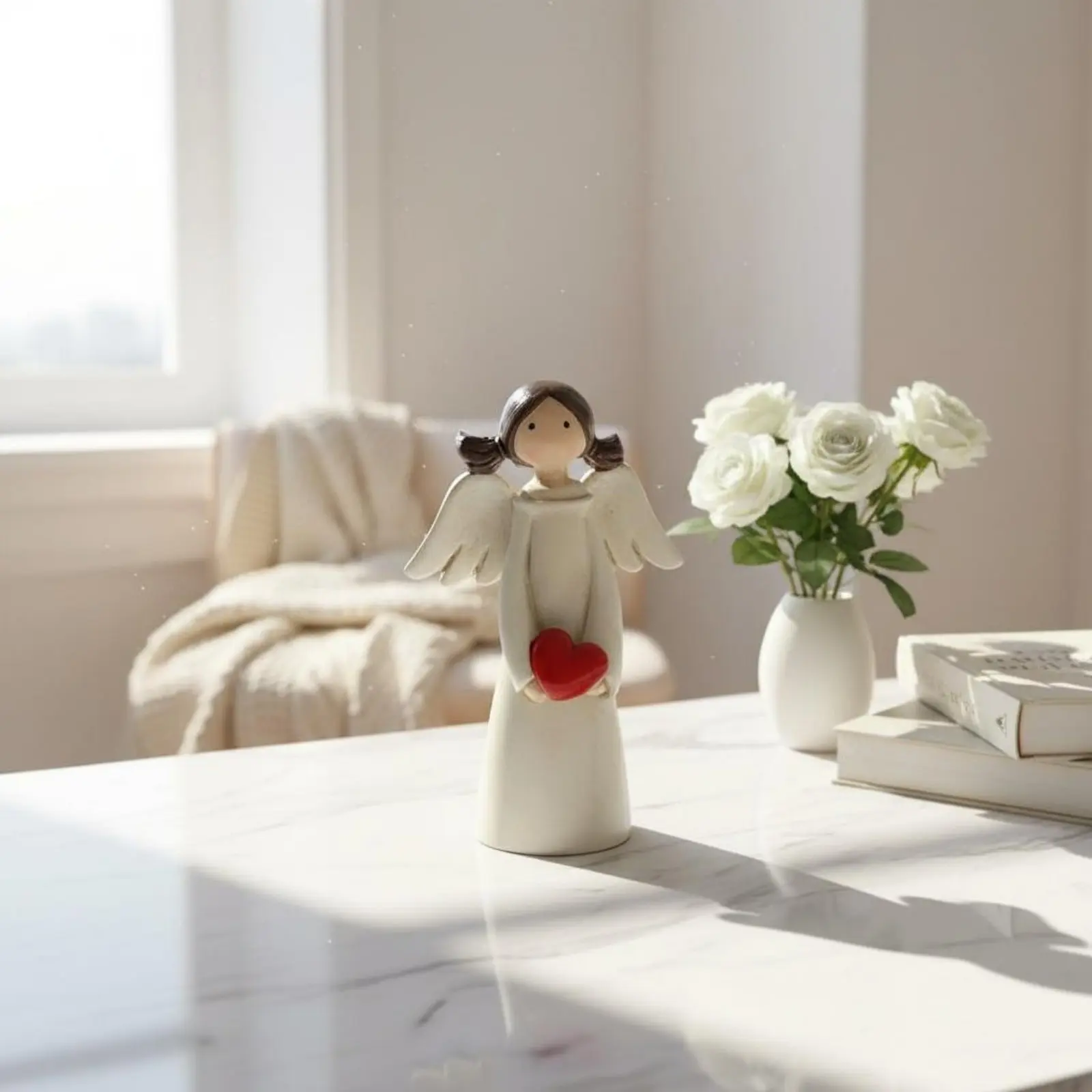 Heart Holding Cherub Figurine Hand-Painted Design Home Decoration Desktop Decor for Moms