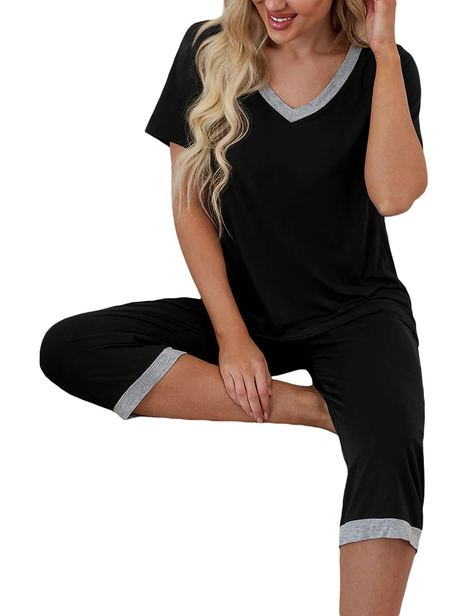 Women s Pajama Set Short Sleeve V Neck T-shirt and Capri Pants Sleepwear Contrast Color   Loungewear Homewear Outfits