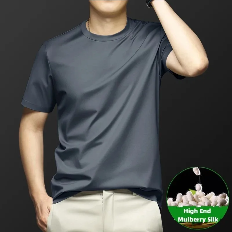 Luxurious Man Mulberry Silk T-shirts Anti Wrinkle Seamless Elastic Tee Tops Breathable Soft High End