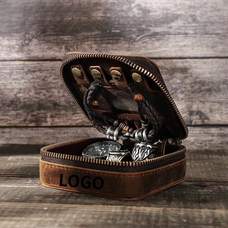 

Watch Jewelry Storage Box Crazy Horse Genuine Leather Travel Convenient Zipper Jewelry Bag Bracelets Earrings Ring OrganizerCust
