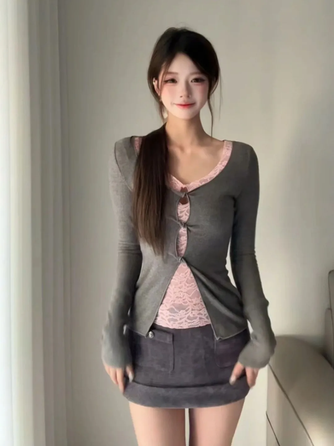 

Slim Fit Long Sve T-irt Hollow out Design Unique Sle Spring Faion Top Women's Vintage Sle Universal Size Pure Color