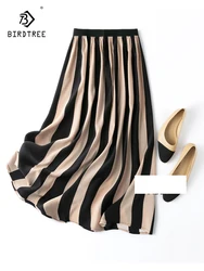 Birdtree 18MM 93% Real Silk 7% Spandex Women Skirt Classics Striped Printed French Style Chic Midi Skirts Summer Beach B41437QC