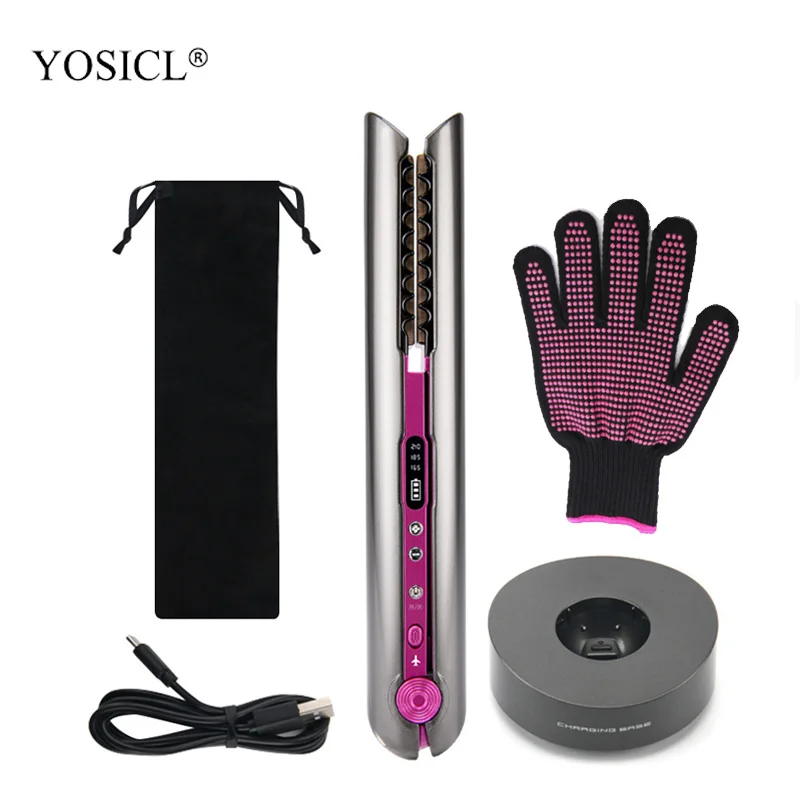 

Portable Cordless Hair Straightener and Curler Dry and Wet Use for Travel USB Rechargeable Flat Iron with glove storage bag