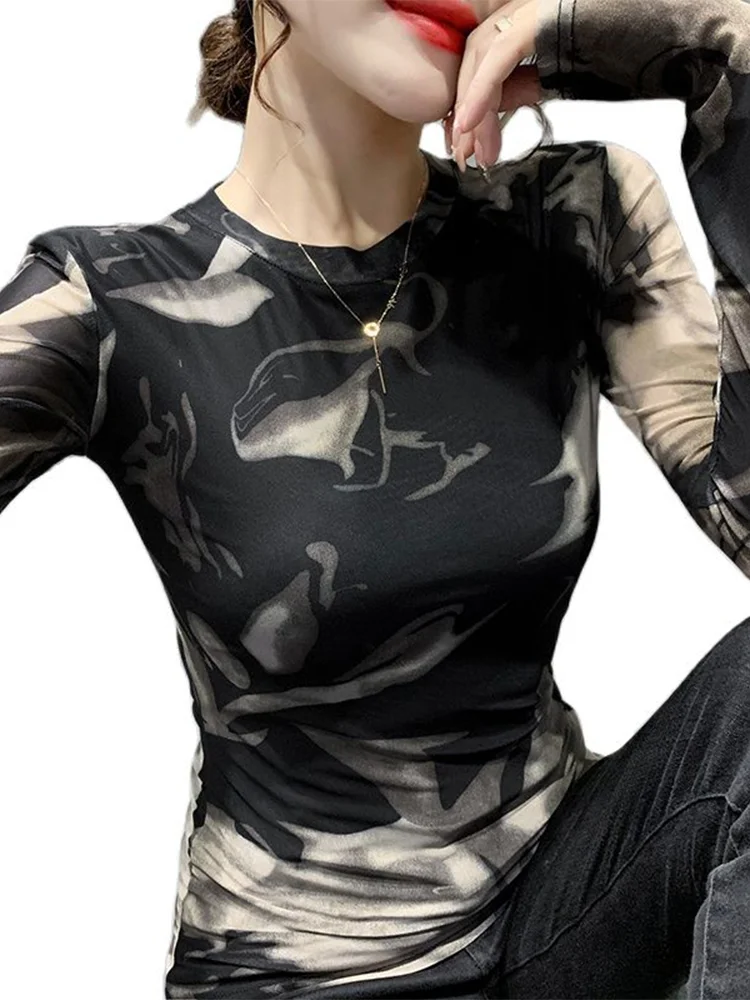 

Winsleter Streetwear Tshirt Long Sleeve Tees Women Round Collar Print Warm Fleece Slim Mesh Top Autumn Winter T37061JM