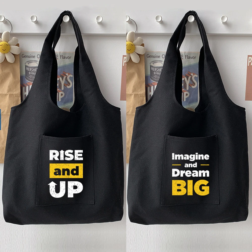 Simple Black Handbag Shoulder Bag Women's Bag Shopping Bag Personalized Phrase Pattern Print