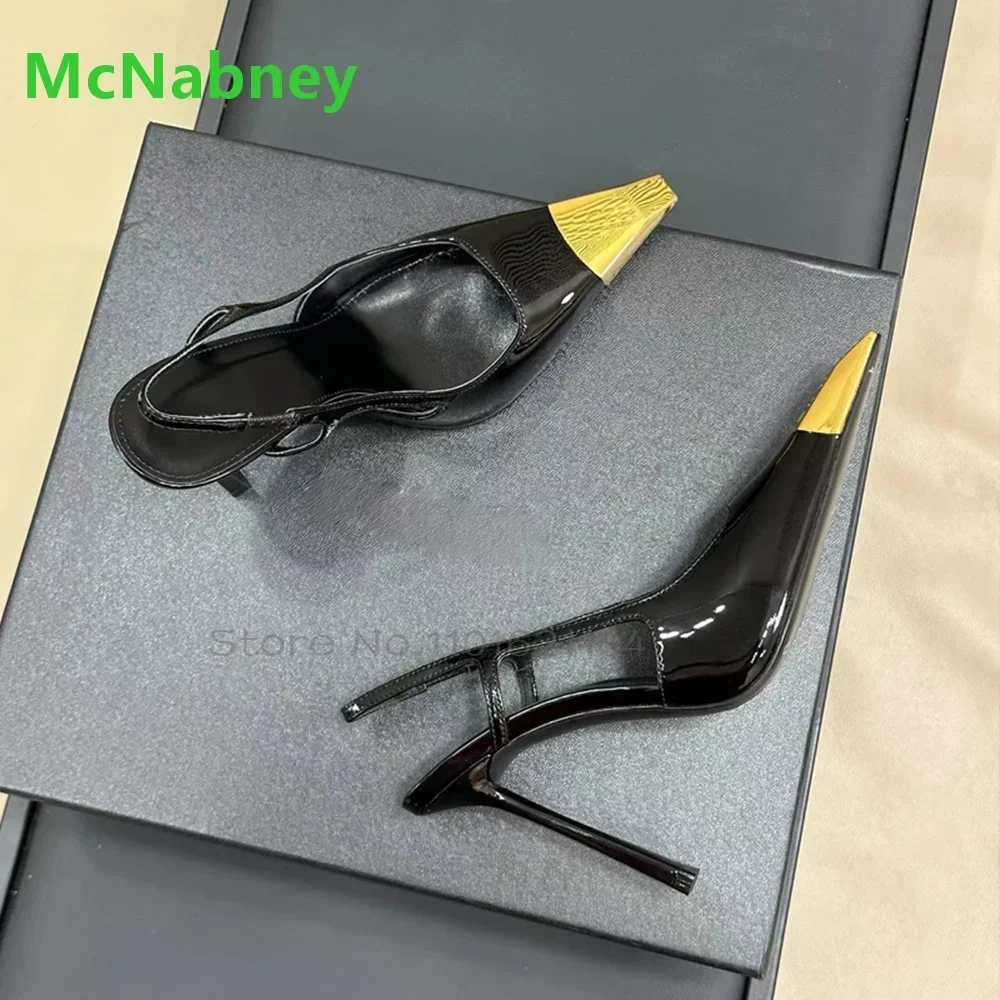 

Thin High Heel Metal Square Toe Pumps For Female Women 2025 New Slingback Luxury Black Color Back Strap Fashion Elegant Shoes