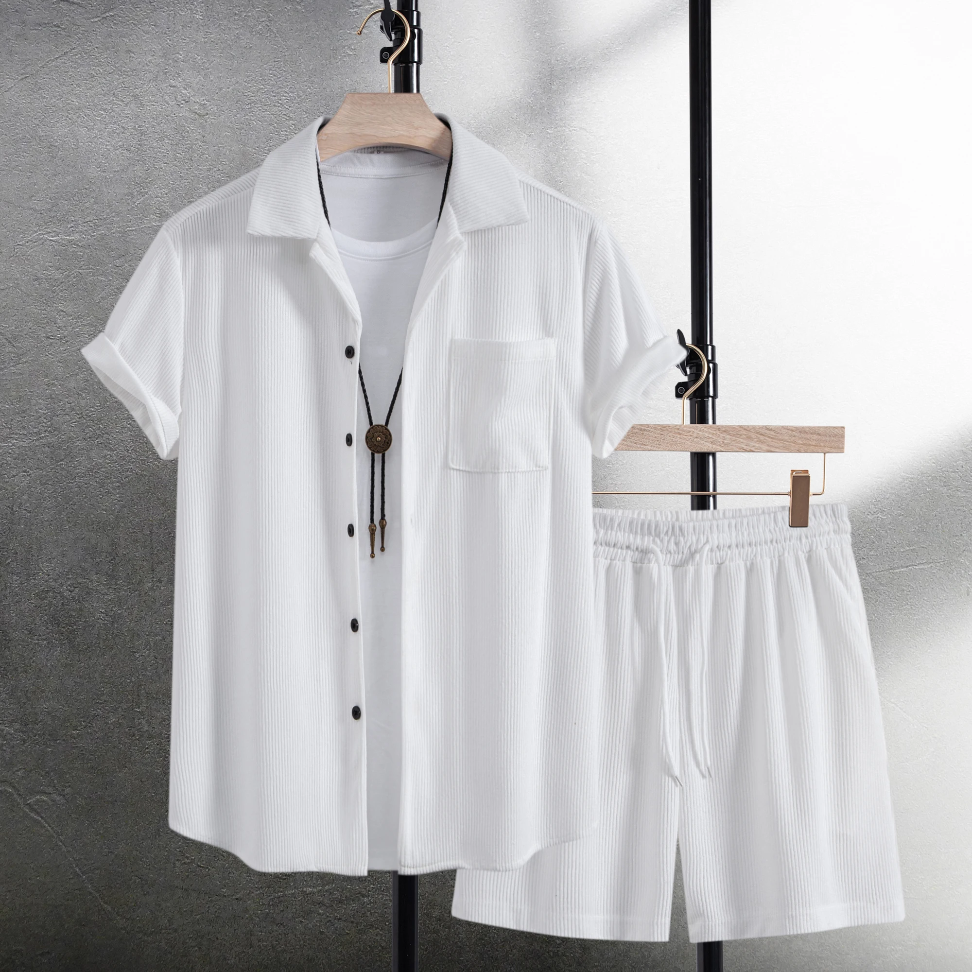 Sommer-Freizeitset für Herren, 2-teiliges Set, einfarbig, lässiges Cord-Kurzarmhemd und Hose mit Taschen, Outdoor-Anzug für Herren