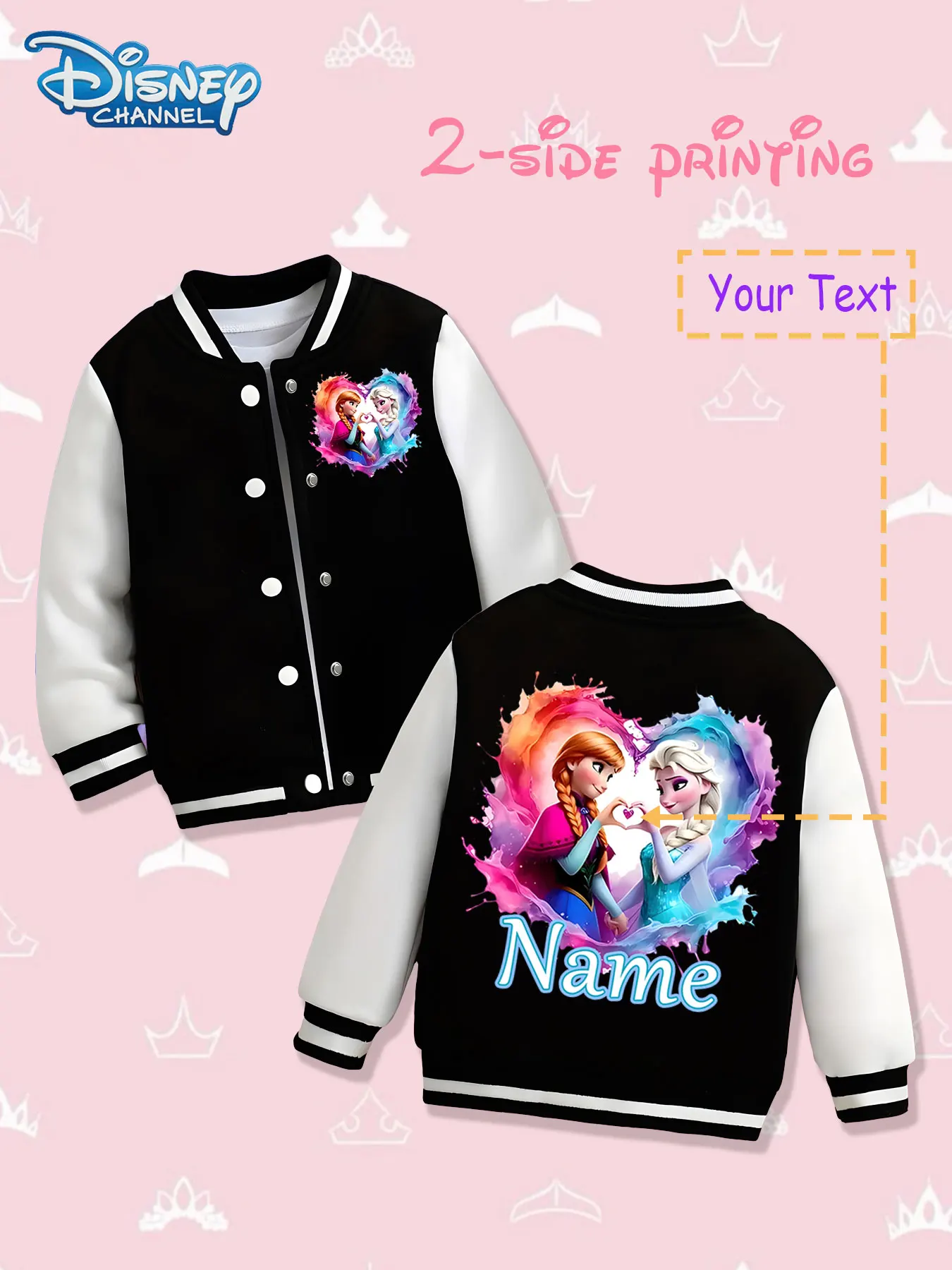 

MINISO Disney Frozen Sisters Baseball Jacket for Kids - Double-sided prints show Elsa and Anna's heart-shaped design, and red an