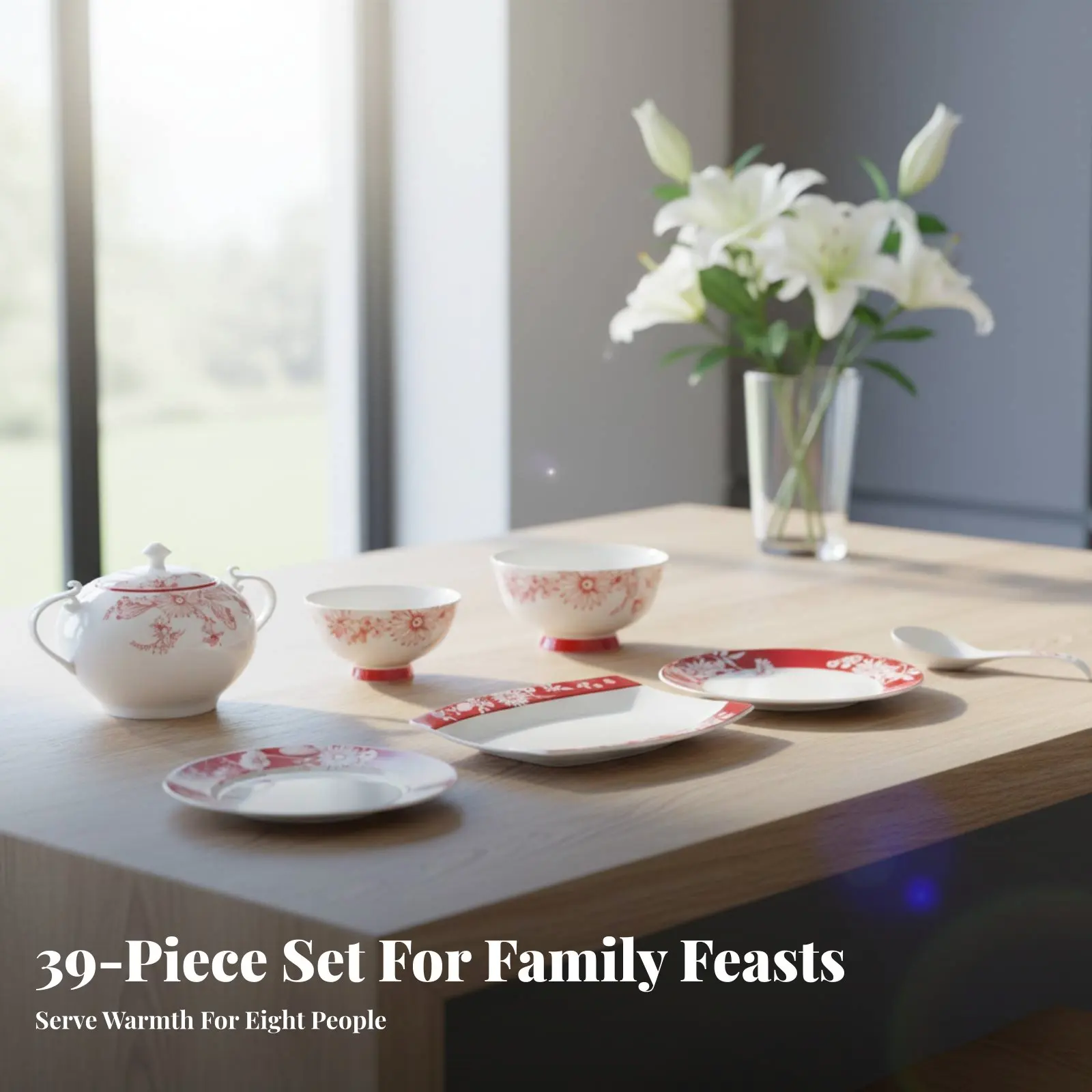 

Красный керамический набор посуды: тарелки, миски с цветочным узором, палочки для еды. Идеальный подарок на свадьбу или новоселье. Полный комплект столовой посуды.