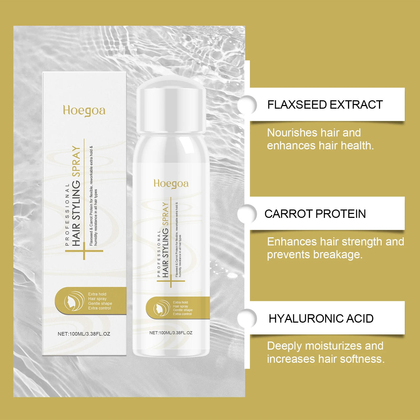 Nourishing Hair Styling Spray Volumizing Hold For Fine Hair Non Sticky Shine Enhancing With Flaxseed Hyaluronic Acid 100ml