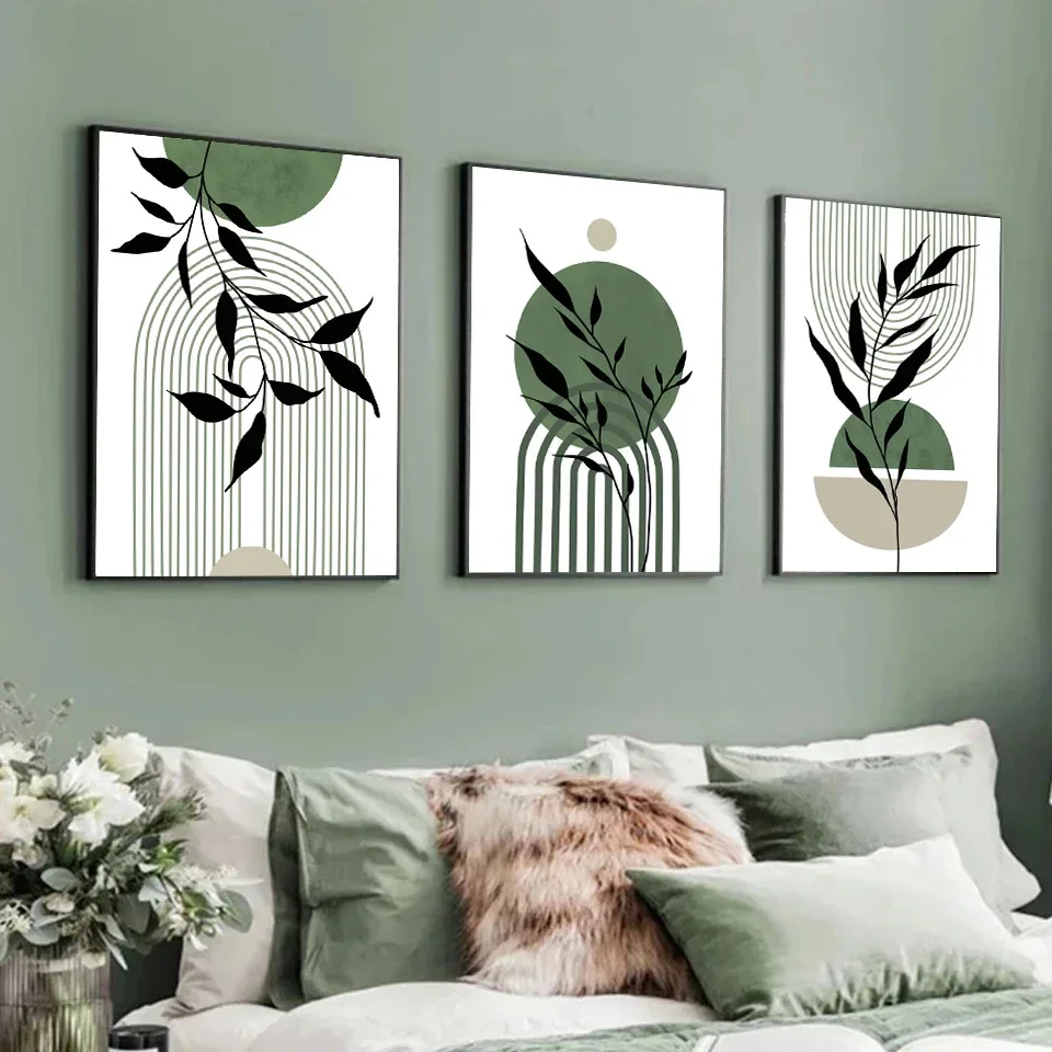 Triptych Bohemian Green Wall Art Geometric Minimalist Leaf Abstract HD Canvas Poster Prints Home Bedroom Living Room Decor Gift