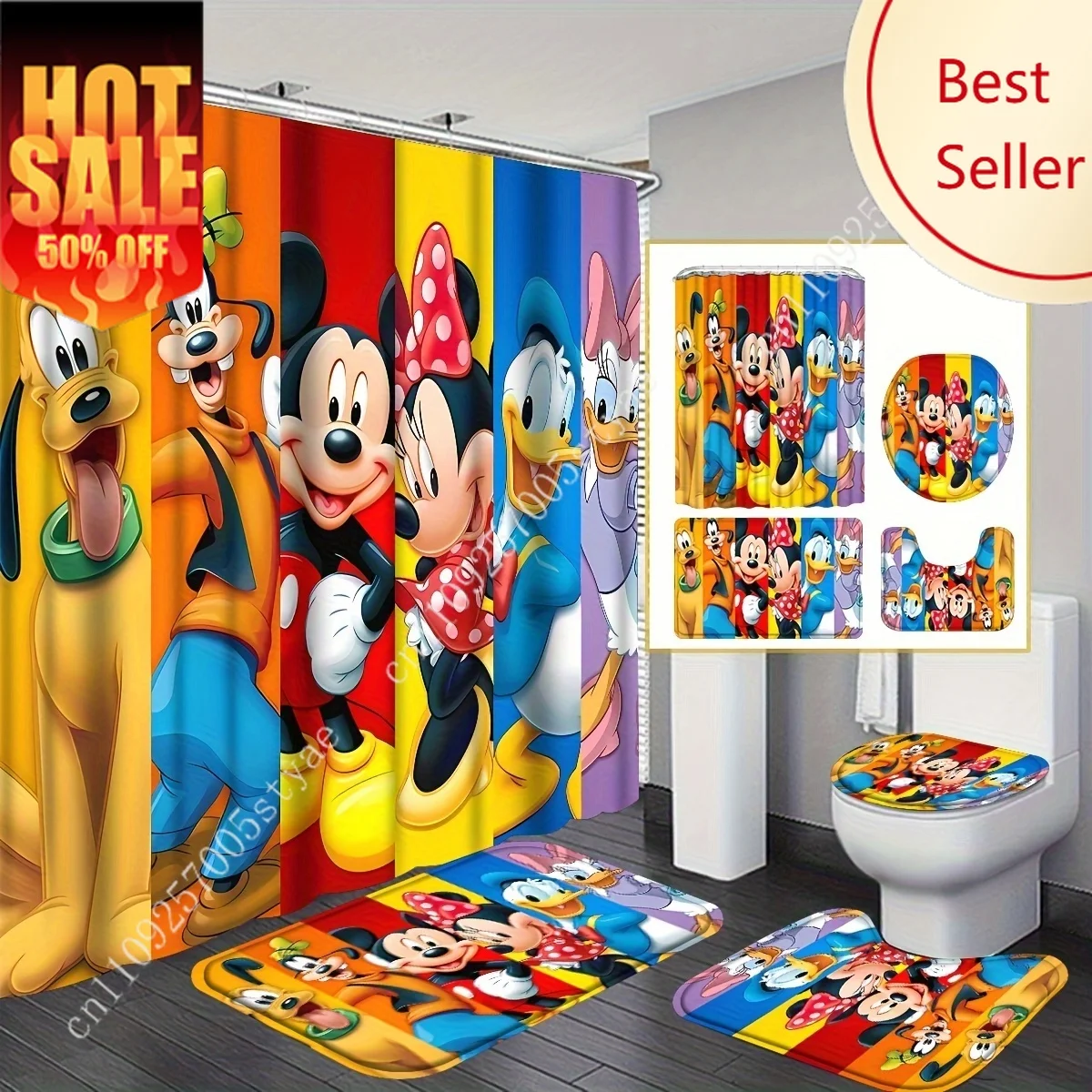 

Mickey Mouse Friends Shower Curtain Set Disney Cartoon Decoration Gifts Floor Mats Toilet Seat Cover Bathroom Set Shower Curtain