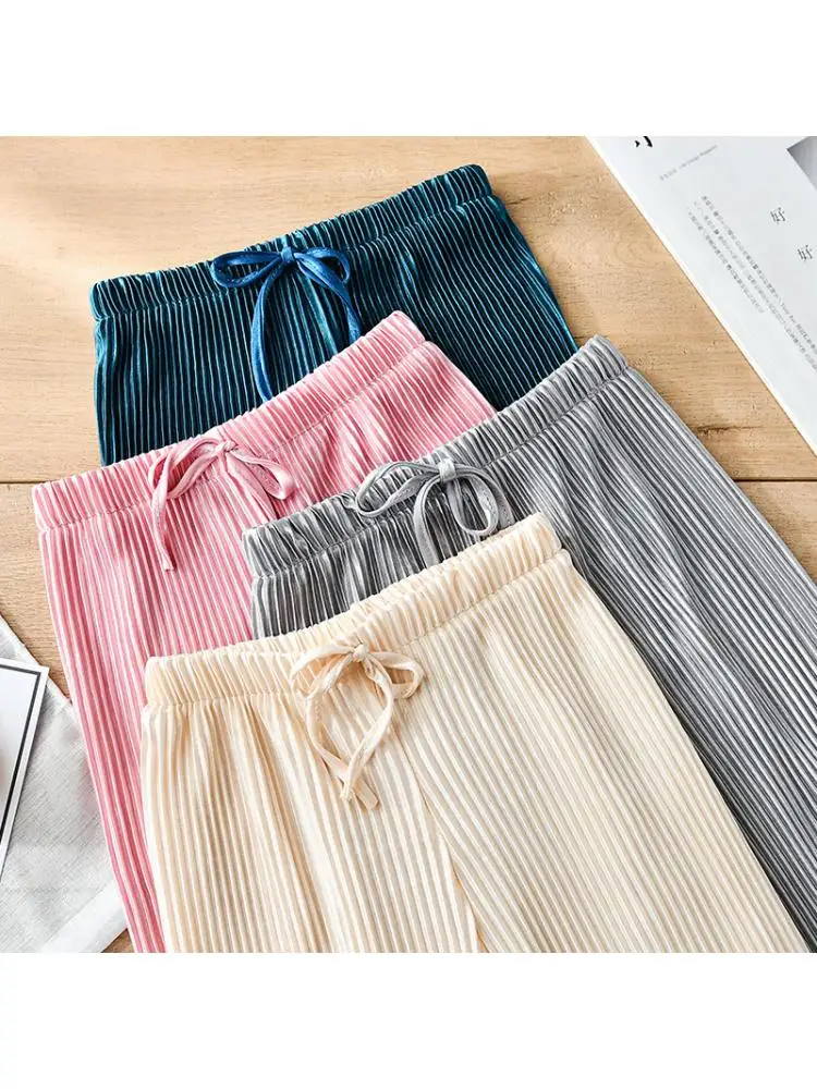 School Children Pleated Wide Leg Pants Summer Toddler Kids Loose Casual Solid Ankle-Length Pants Teenage Girls Ice Silk Leggings