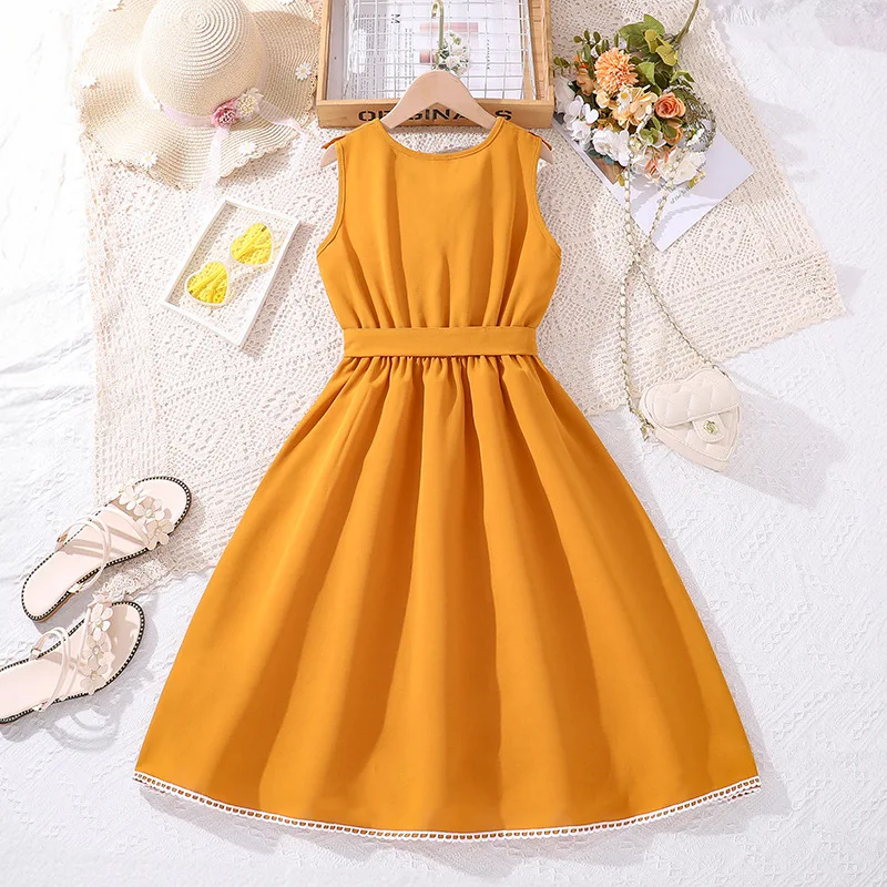 Kids Casual Dress for Girls Clothes Summer New Children Fashion Yellow Ruffles Sleeveless A-line Elegant Princess Dress 7-14Y