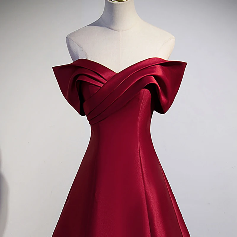 Evening Dresses Burgundy Shiny Satin Off the Shoulder Lace up Pleat A-line Floor Length Plus size Women Party Formal Gown