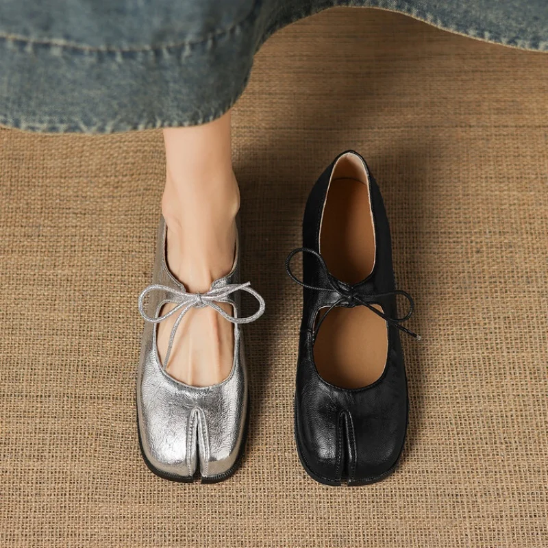 Novelty Designer Women Split Toe Shoes Low Heels Knot Black Silver Comfort Daily Casual Shop Plus Size