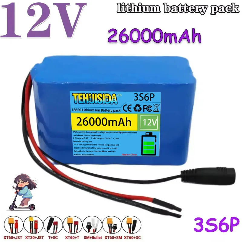 

12V 26000mah Rechargeable Lithium Ion Battery Pack Real Capacity 3S6P DC 12.6v 26Ah Capacity CCTV Camera Monitor + Charger