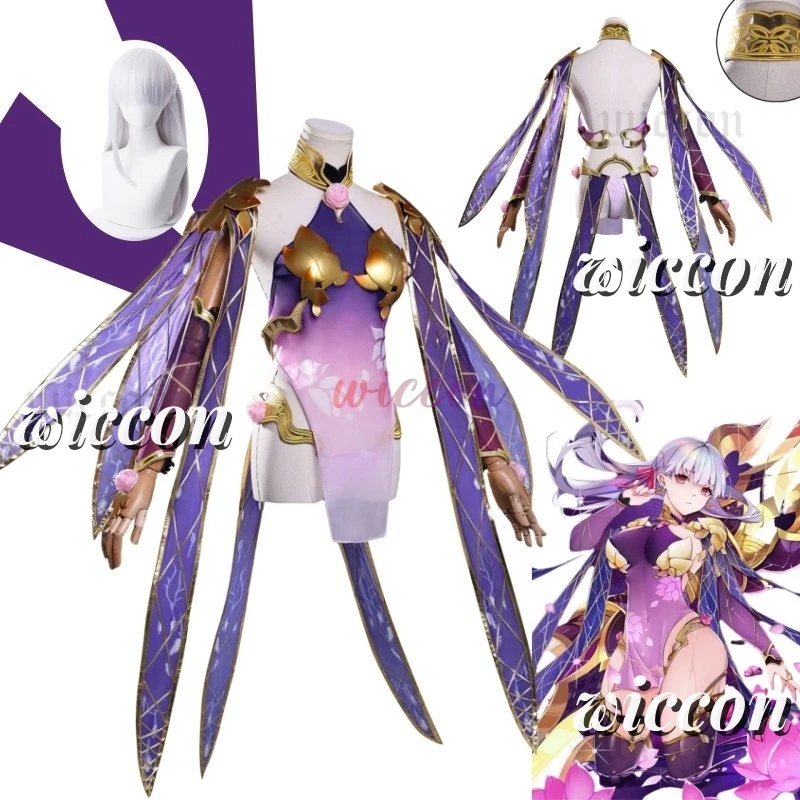 

Kama Cosplay Costume Game Fatee/Grandd Orderr Kama Second Ascension Purple-Gold Battle Robe Dress Wig Halloween Party For Women