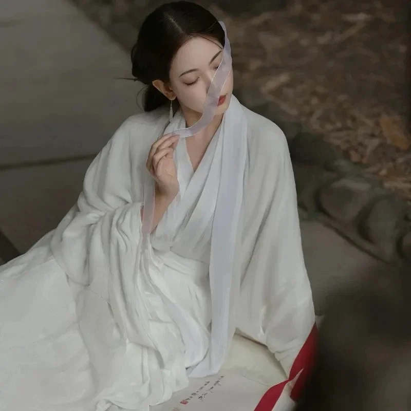 فستان رقص هانفو صيني تقليدي للنساء ، زي تنكري صيفي ، طقم فستان أبيض ، رقص شعبي