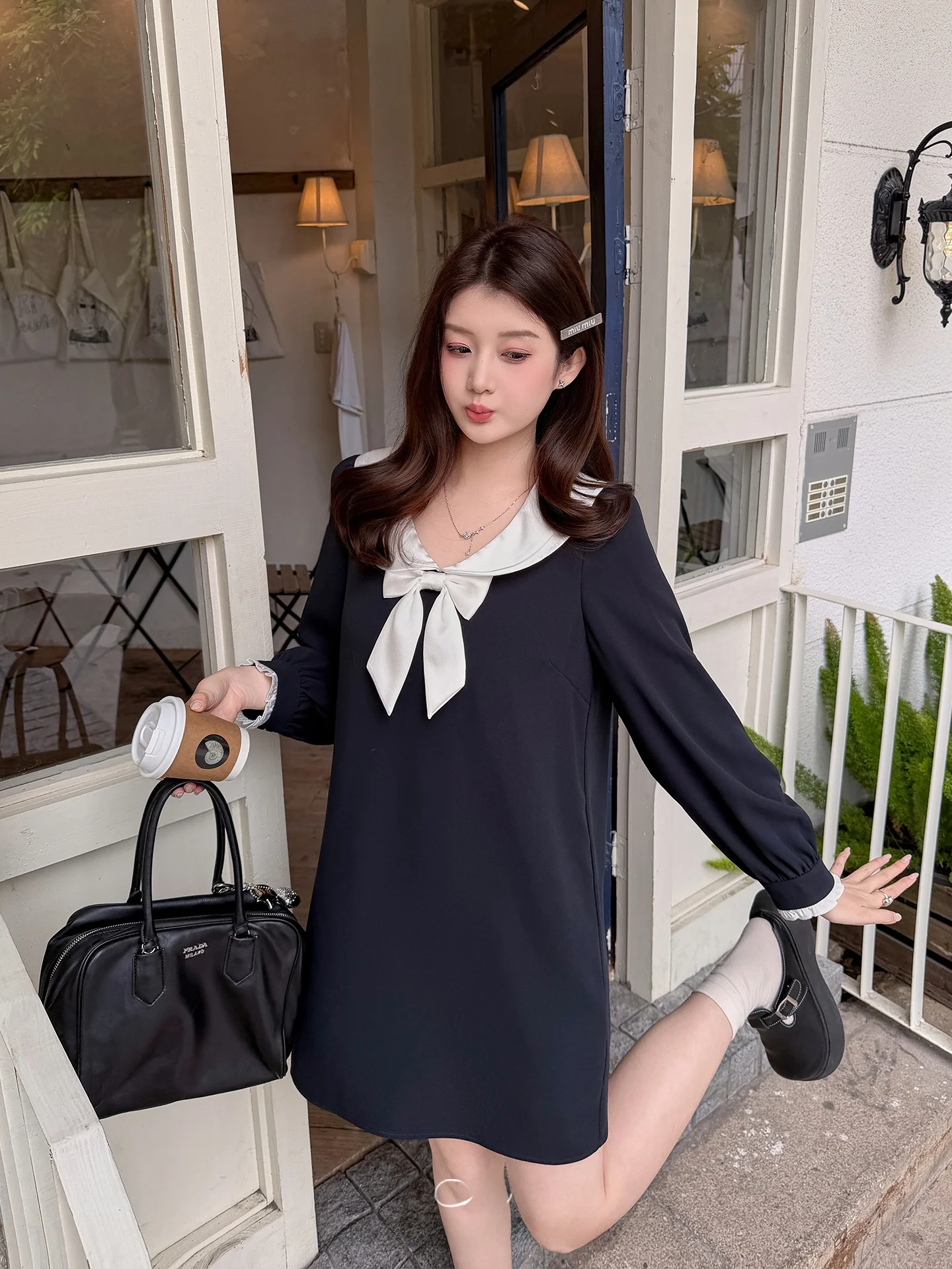 

Mashixi plus Size Women's Double Layer Satin Doll Collar Knot Dress Spring Loose Slimming Skirt Casual Style A-Line