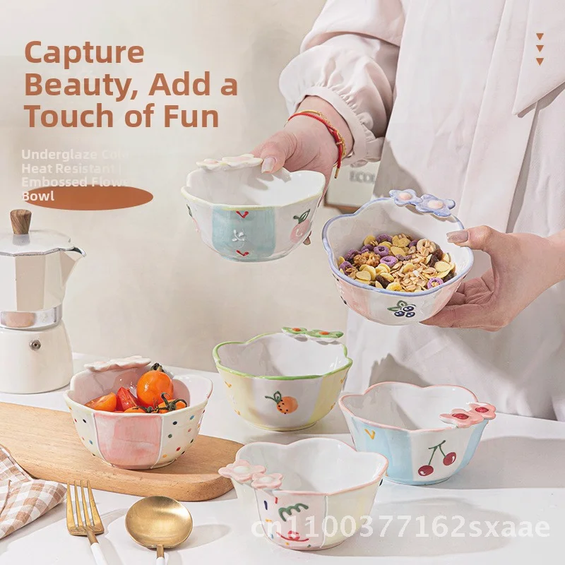 

Милая керамическая миска для девочек, бытовая миска для риса, овсянка, фруктовый салат, подглазурный розовый цветочный дизайн, безопасная для микроволновой печи, неправильной формы