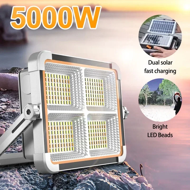 5000W Double Panels LED Solar Floodlight Rechargeable Emergency Lighting Outdoor Camping Tent Lamp Portable Work Repair Lighting