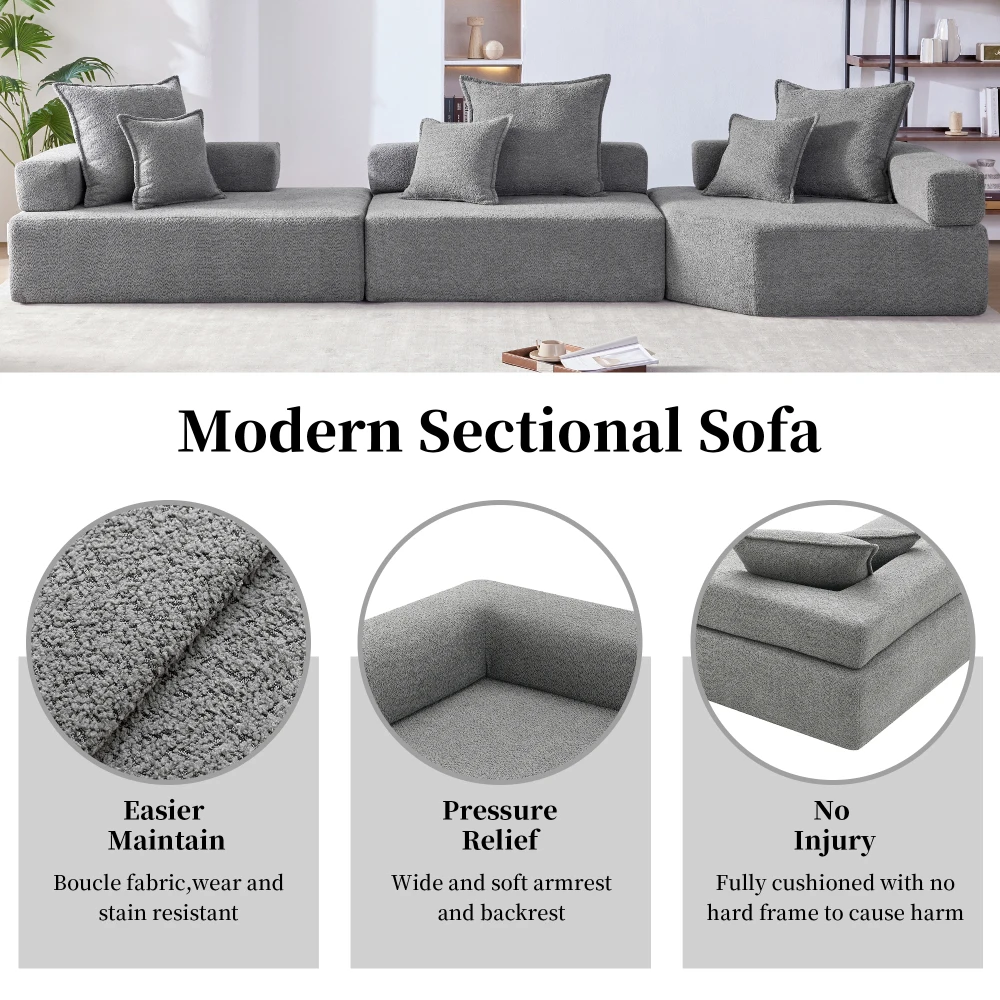 Oversized Modular Sectional Sofa, Luxury Boucle Floor Couch Set, Convertible Compressed Couch, Foam-Filled Sofa for Living Room