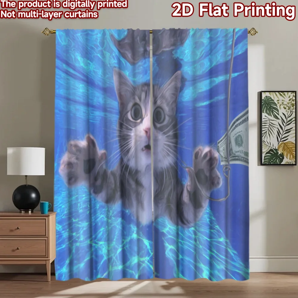 2D flat printing 2pcs Window Curtains Cute cat underwater swimming Digital Printed Polyester Drapes Birthday Party for Photo