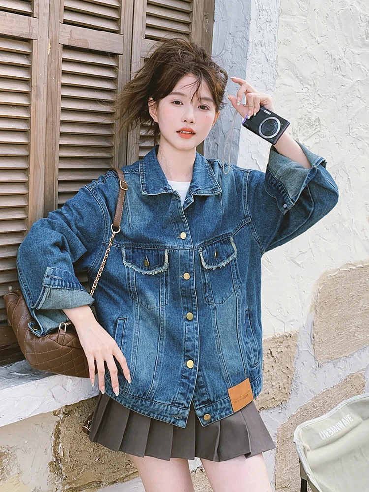 

Trendy Denim Jacket for Women 2023 Autumn New Streetwear Vintage Hip Hop Loose Casual Button Pocket Cowboy Coat Outerwear 6718