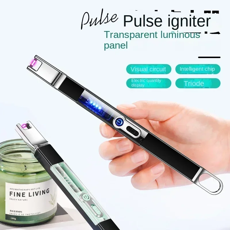 Portable USB Electronic Pulse Lighter Windproof Cigarette Lighter,Safety Switch Outdoor Kitchen Battery Display Electric Lighter