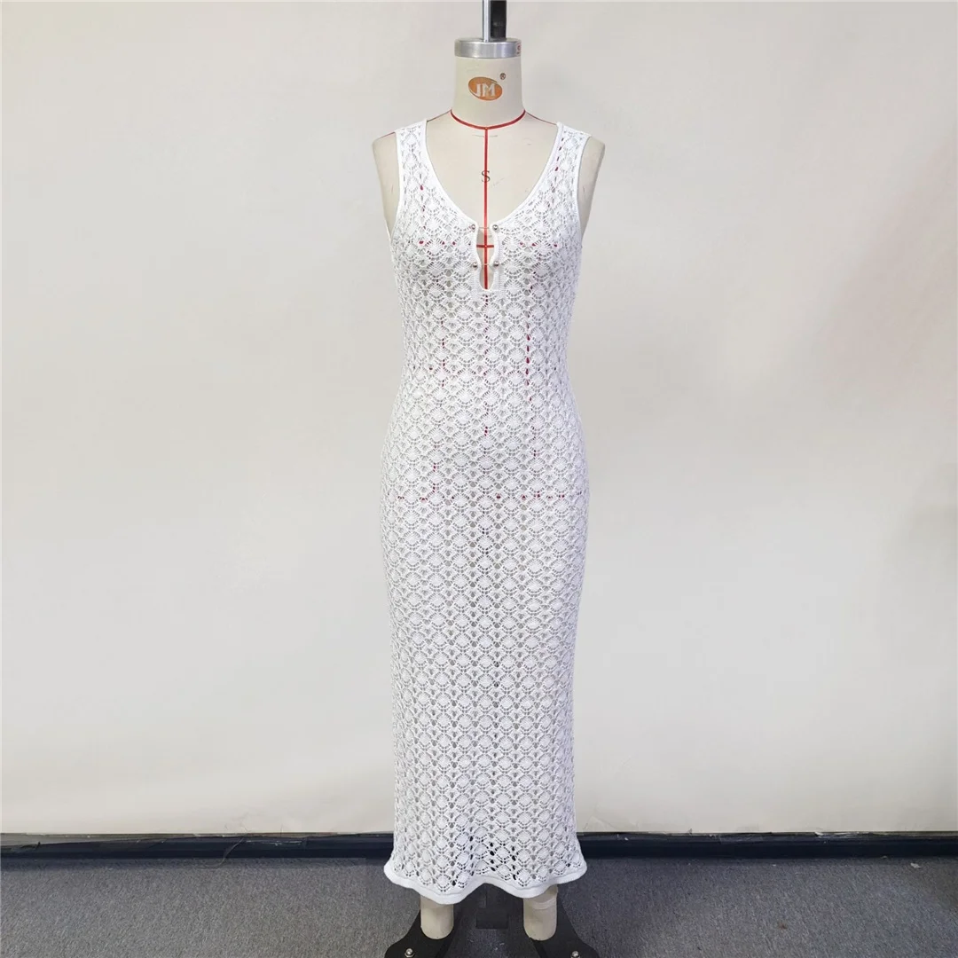 V-Ausschnitt, rückenfreies, gehäkeltes, gestricktes Tunika-Strandkleid, Strandmode, Damen-Strandkleid, Strandüberwurf, Damen V6999 – Detail 9