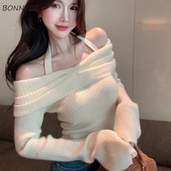 Slash Neck Pullovers Women Elegant Designed Halter All-match Sexy Girl Famous Lady Slim Fashion Tops Y2k Clothes Sweater Ins