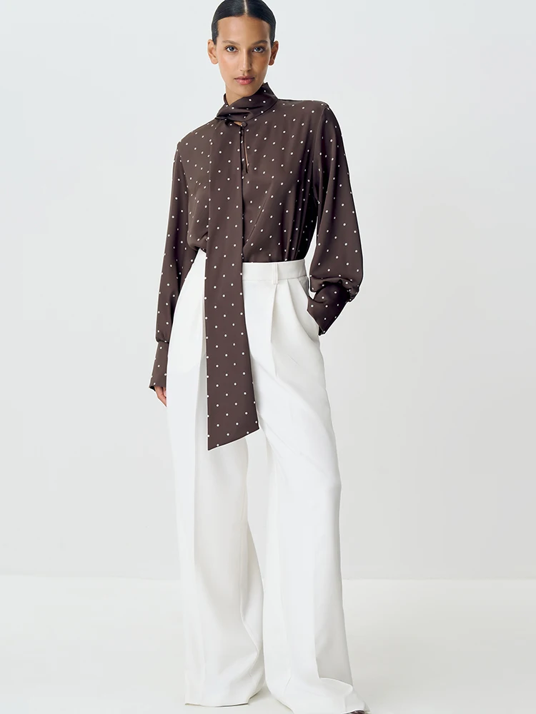 JULISSA MO الساتان طباعة منقطة القوس المرأة قميص أبيض كم طويل واحدة الصدر البلوزات الإناث الخريف ضئيلة ملابس الشارع الشهير غير رسمية #4