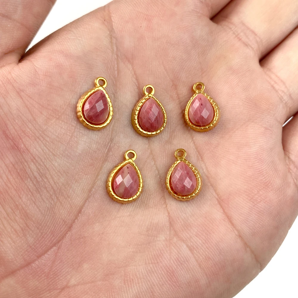 5pcs/lot  Stainless Steel Stone Pendant 9x11mm Water Drop Natural Amazonite Quartz Beads Charms Pendants for DIY Jewelry Making